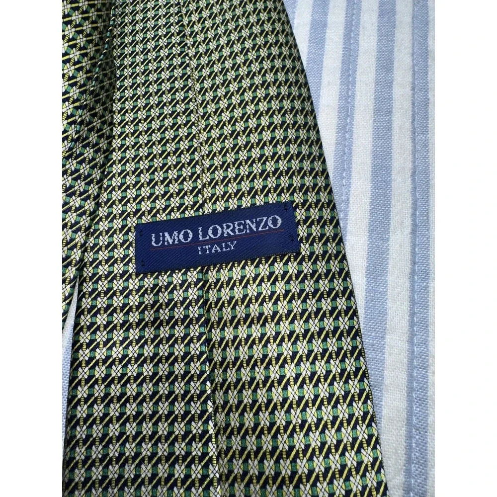 UMO‎ Lorenzo Italy 100% Silk Tie Geometric Navy Green Yellow Men's Tie